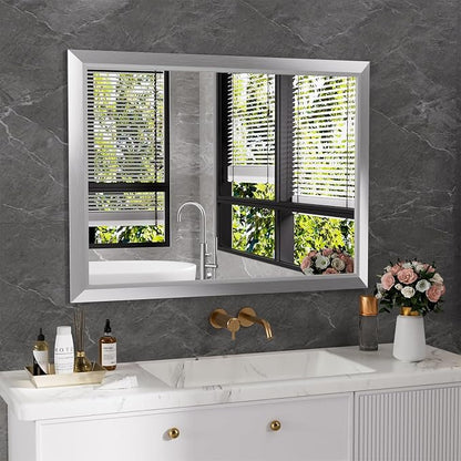 Bathroom Mirror for Wall, 40x30 Inch (Brushed Silver) | HD Reflection, Tempered Glass, Thick Metal Framed Rectangle Mirrors for Over Sink, Bedroom, Living Room, Entryway, Anti-Rust