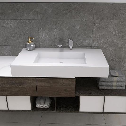 35"X19" Wall Mount Sink, Stone Bathroom Sink without Holes | Matte Bathroom Vanity Vessel Sinks Rectangle, Modern Floating or Countertop Freestanding Wall Hang Sink Bowl