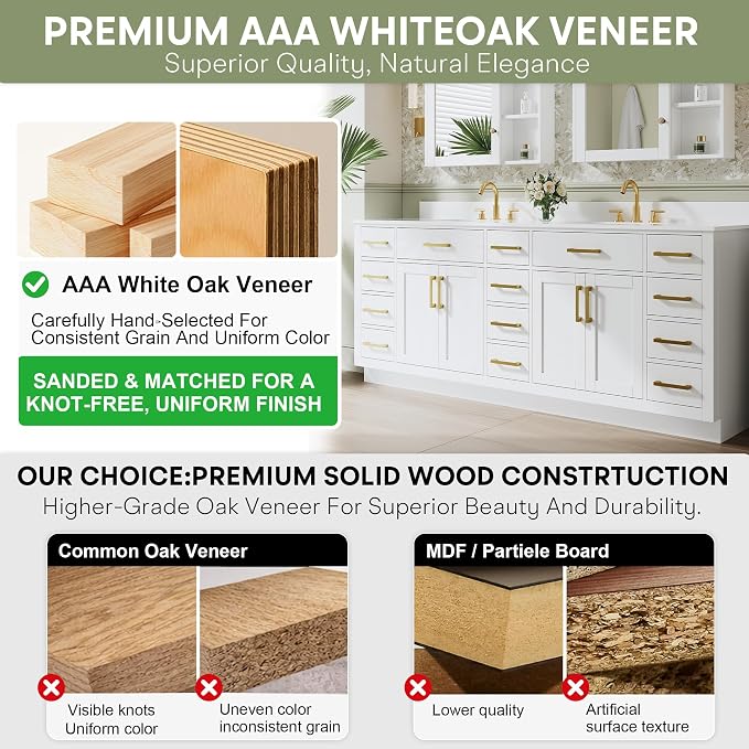 84-Inch Bathroom Vanity with Double Sinks W/ 4 Doors & 12 Drawers & 2 Flip Drawers, White Vanity W/Brushed Gold Handles