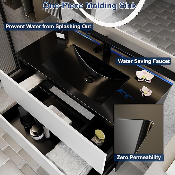 eclife 36" Bathroom Vanity Cabinet with Undermount Black Sink Combo, Wall Mounted Floating Bathroom Cabinet with Colors Mixed Style, 2 Big Drawers & Matte Black Faucet