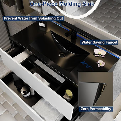 eclife 36" Bathroom Vanity Cabinet with Undermount Black Sink Combo, Wall Mounted Floating Bathroom Cabinet with Colors Mixed Style, 2 Big Drawers & Matte Black Faucet
