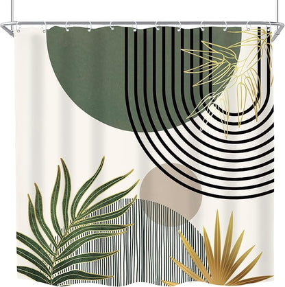 Mid Century Dark Green Boho Abstract Modern Bathroom Shower Curtain Set | 72Wx72L S Gold design, waterproof HD print with fast-drying fabric and 12 hooks.