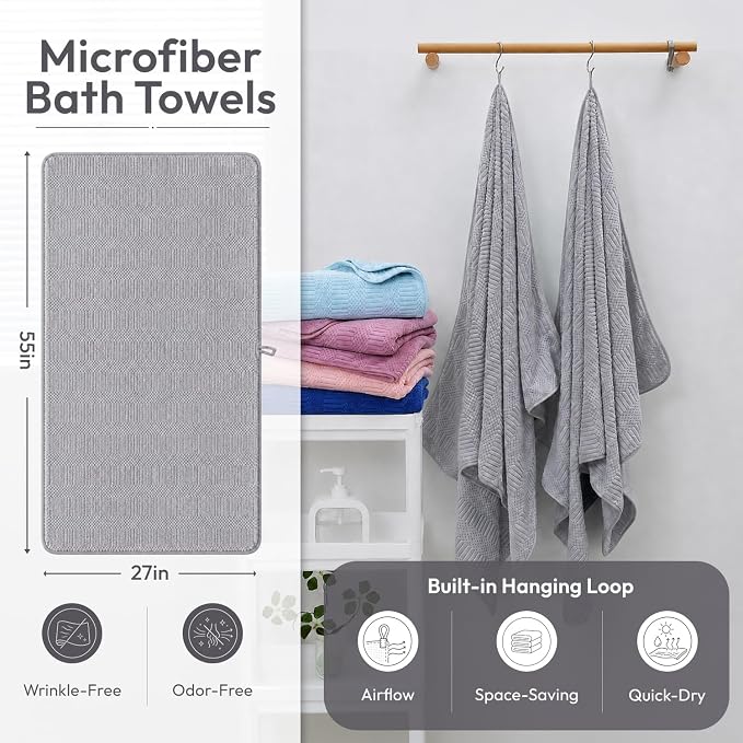 JML Microfiber Bath Towels, 2 Pack, 27x55 in, Gray | Soft, Super Absorbent, Quick Dry, Lint-Free, Lightweight Bathroom Towel with Hanging Loop for Daily Use