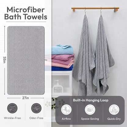 JML Microfiber Bath Towels, 2 Pack, 27x55 in, Gray | Soft, Super Absorbent, Quick Dry, Lint-Free, Lightweight Bathroom Towel with Hanging Loop for Daily Use