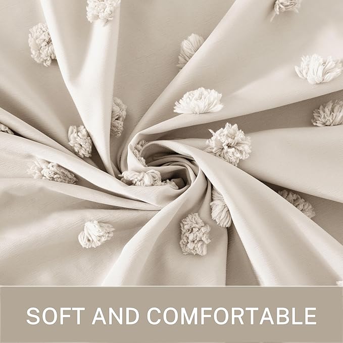 Boho Farmhouse Natural Shower Curtain Woven Fabric Shower Curtain, 72 x 72 Tufted Pleat Floral Puffs Textured Modern Farmhouse Minimalist Shower Curtain Set with Hooks for Bathroom