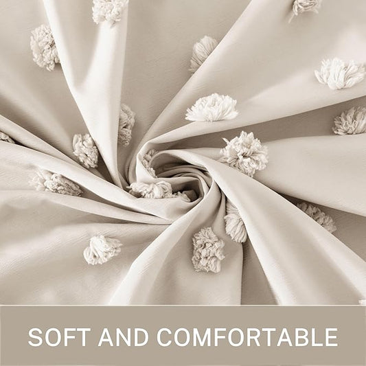 Extra Long Boho Farmhouse Shower Curtain Woven Fabric Natural Shower Curtain, 72 x 78 Tufted Pleat Floral Puffs Textured Modern Farmhouse Minimalist Shower Curtain Set with Hooks for Bathroom