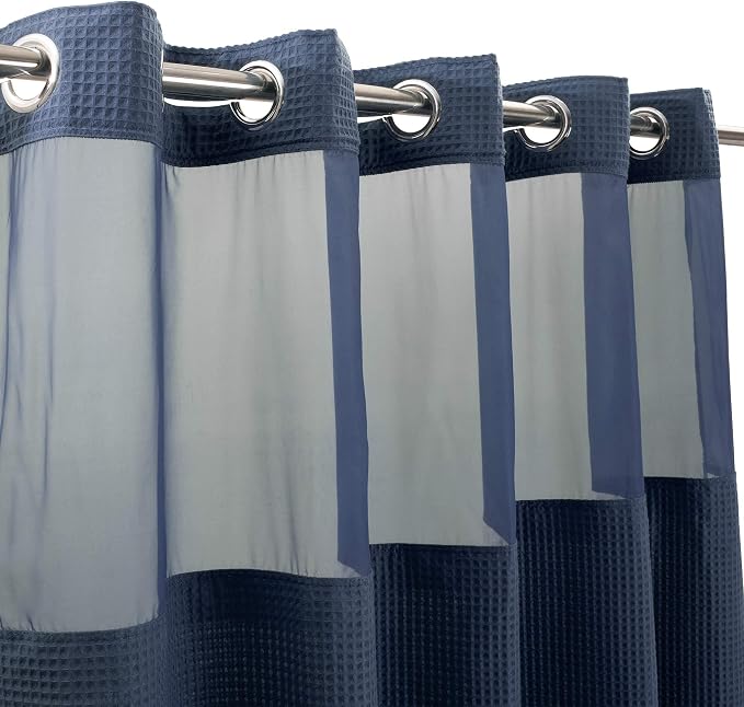 River Dream Cotton Blend Fabric Shower Curtain Set with Liner, Navy, 54x80 | Waffle Weave, No Hook Needed, with Snap in Replacement Liner, Top Sheer Window, Hotel Quality Fabric for Bathroom