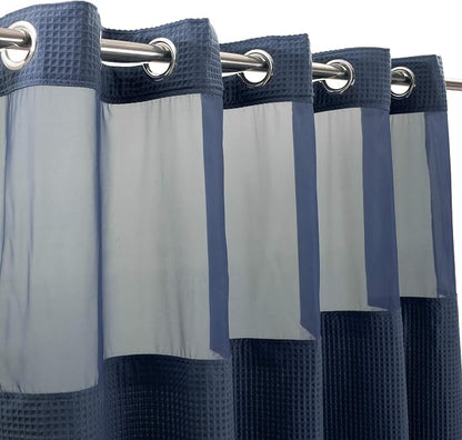 River Dream Cotton Blend Fabric Shower Curtain Set with Liner, Navy, 54x80 | Waffle Weave, No Hook Needed, with Snap in Replacement Liner, Top Sheer Window, Hotel Quality Fabric for Bathroom
