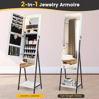 CHARMAID Jewelry Cabinet Armoire with Full Length Mirror, 3-Color Light Strips, Mirrored Tilt out Drawer, Lockable Standing Jewelry Organizer with Storage Shelves, Metal Stand (White)