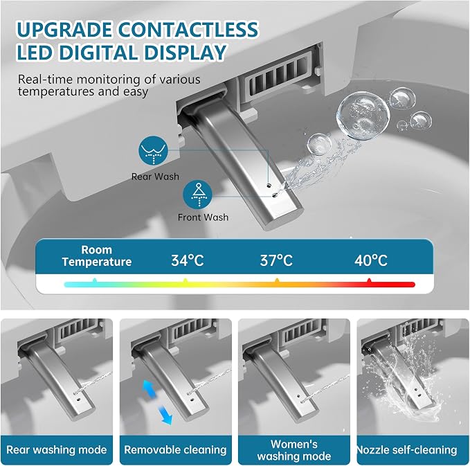 Smart Toilet with Bidet Built In with Warm Water Sprayer and Dryer | Foot Sensor Operation,Heated Seat toilet with LED Display for Bathroom,Auto Dual Flush