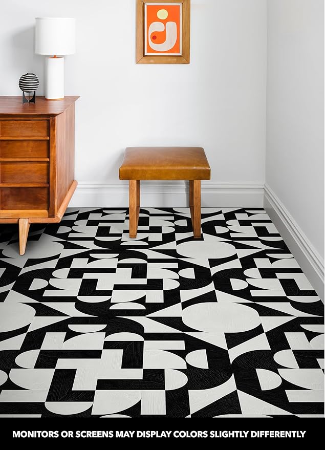 FloorPops x Very Gay Paint Gia Metric Black and White Peel and Stick Floor Tiles, FP6334