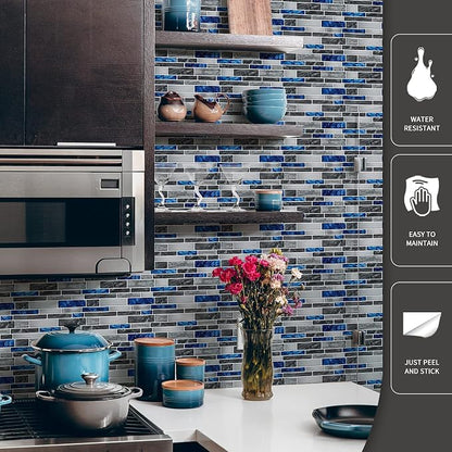 Art3d Marble Tile Peel and Stick Backsplash, 10-Pack, 12 x 12 Inch, Blue | Lightweight, Self Adhesive, Moisture Resistant, Easy to DIY, Modern Style, for Kitchen, Bedroom, Ideal for New Home Buyers