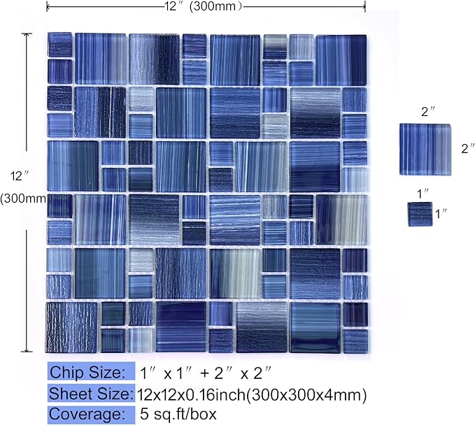 Glass Mosaic Tile,Hand-Painted,12”X12” Ocean Blue, Glossy &Textured, Resistant Fading and Scratch for Pool Tiles,Kitchen Backsplash,Bathroom, Shower, Waterline, Fountain, Spa (5 Sheets,5 Sq.Ft.)