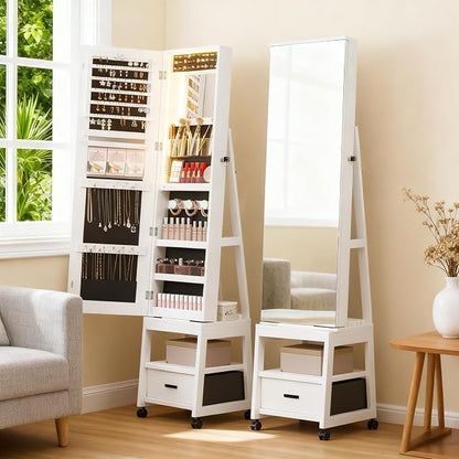 GAOMON 360° Swivel Jewelry Cabinet with LED Lights, Full-Length Mirror with Jewelry Storage, Standing Jewelry Organizer with Bottom Storage Drawer & Shelves, Lockable, Christmas Gifts, White