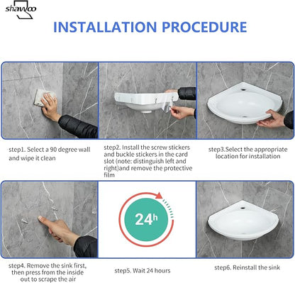 Small Bathroom Sink Wall Mount Bathroom Corner Sink, Triangular wash basin No-Drill Installation Self-Adhesive 12 x 12 Inch with 1.26 Inch Faucet Hole, Mini Rv sink Plastic Sink for Home, Dorm, Garage