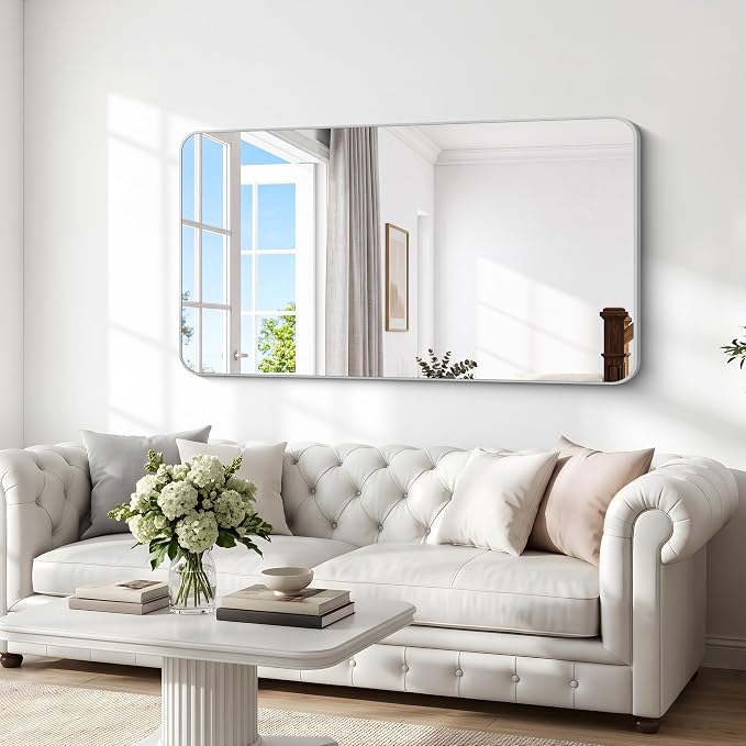 BONEWEI 66x30 inch Large Bathroom Mirror,Black Rectangle Mirror,Wall Mounted Bathroom Frame Vanity Mirror with Round Corner for Bedroom Living Room, Entryway Hangs Horizontal or Vertical