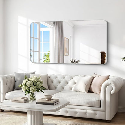 BONEWEI 66x30 inch Large Bathroom Mirror,Black Rectangle Mirror,Wall Mounted Bathroom Frame Vanity Mirror with Round Corner for Bedroom Living Room, Entryway Hangs Horizontal or Vertical
