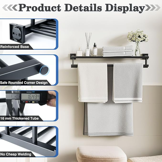Alise Double Towel Rack for Bathroom Wall Mounted 20 Inch,Matte Black | SUS304 Stainless Steel Towel Rack with Shelf,Bathroom Tower Holder Towel Shelf with Double Towel Bars for Bath Kitchen