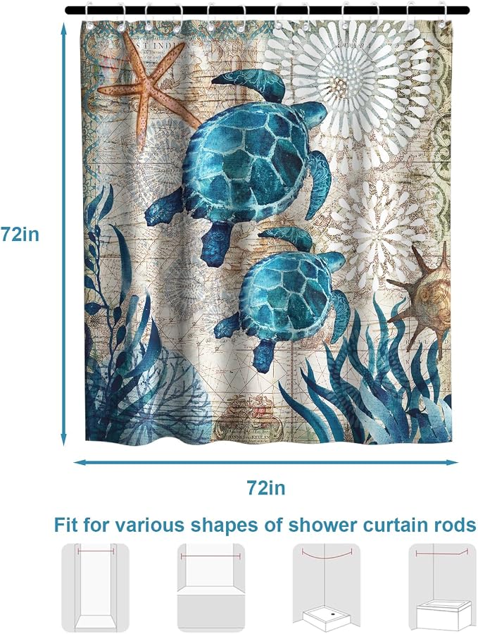 Nautical Green Sea Turtles Beach Theme Fabric Shower Curtain Sets Bathroom Blue Ocean Decor with Grommets and Hooks - 72 x 72 Inch Teal