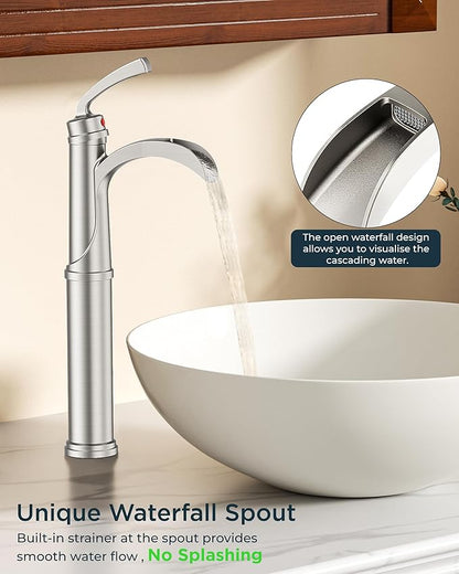 Forious Brushed Nickle Bathroom Faucets, Tall Waterfall Bathroom Faucet One Hole Single Handle Deck Mount Vessel Bathroom Sink Faucet Bowl with Metal Pop Up Drain and Supply Lines