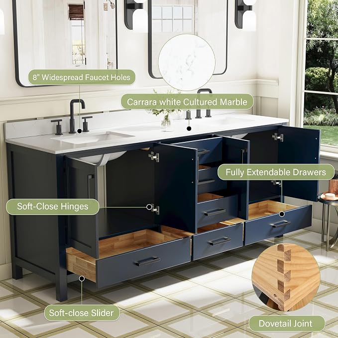 80-Inch Bathroom Vanity with Sink, 4 Soft-Close Doors and 6 Soft-Close Drawers, Bathroom Freestanding Vanity with Cultured Marble Countertop, Navy Blue Vanity with Matte Black Handles