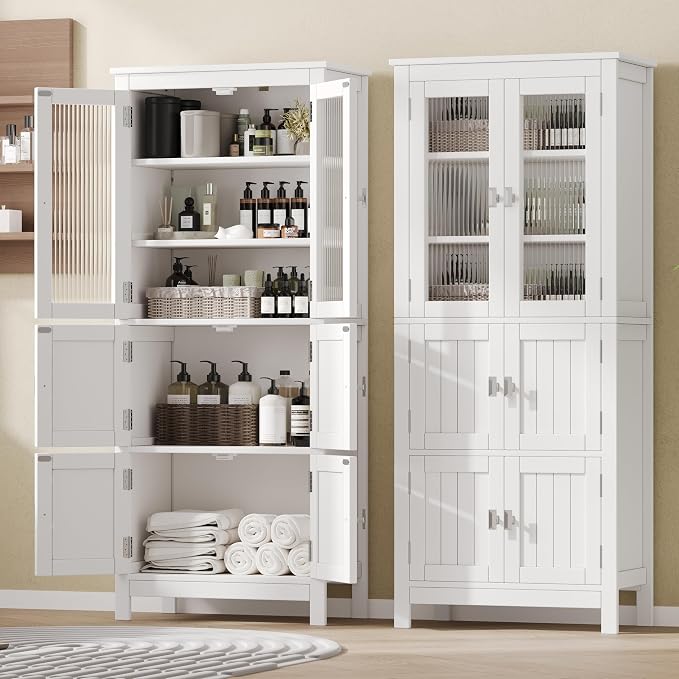 Akxomel 53.1" Tall Bathroom Cabinet 6 Doors Linen Floor Storage Cabinet | Bathroom Floor Cabinet with Adjustable Shelf, Pantry Cabinet for Living Room, Kitchen, Entryway, White
