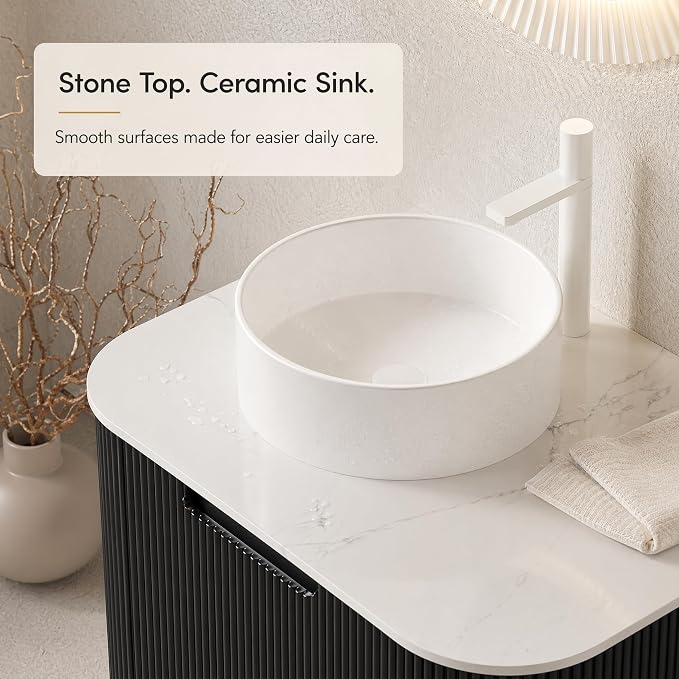 24 Inch Bathroom Vanity with Sink, Floating Wall Mounted Single Sink Vanity for Small Baths, Black Curved Fluted Front, Stone Top, Pure White Round Vessel Basin, Pre-Assembled