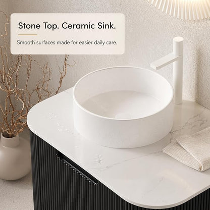 24 Inch Bathroom Vanity with Sink, Floating Wall Mounted Single Sink Vanity for Small Baths, Black Curved Fluted Front, Stone Top, Pure White Round Vessel Basin, Pre-Assembled