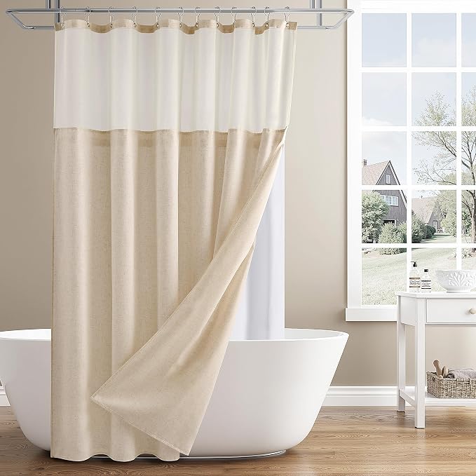 Linen Shower Curtain 72 Inches for Bathroom Ivory Double Layer | 6ft, Curtains with Hook, Snap in Liner, Water Repellent, Boho Farmhouse, Modern Bath Decor, 1 Panel, 72x72
