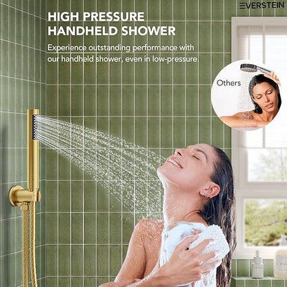 10" High-Pressure Rainfall Shower System with Handheld Spray, Wall Mount Bathroom Shower Faucet Set with Tub Spout, Brushed Gold (Valve Included)