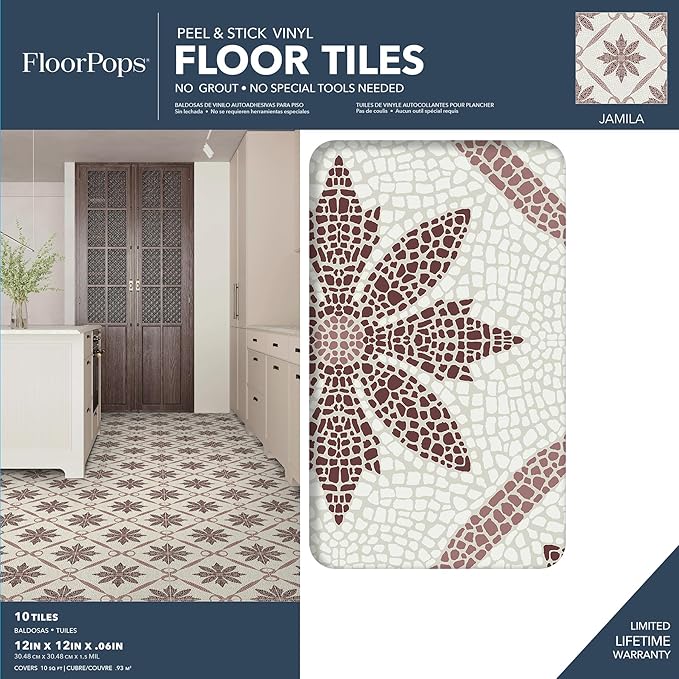 FloorPops Jamila Burgundy Peel and Stick Floor Tiles, FP6299