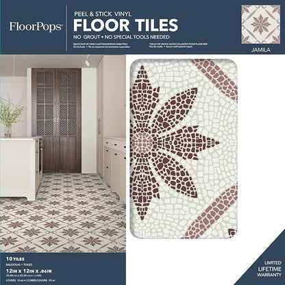FloorPops Jamila Burgundy Peel and Stick Floor Tiles, FP6299