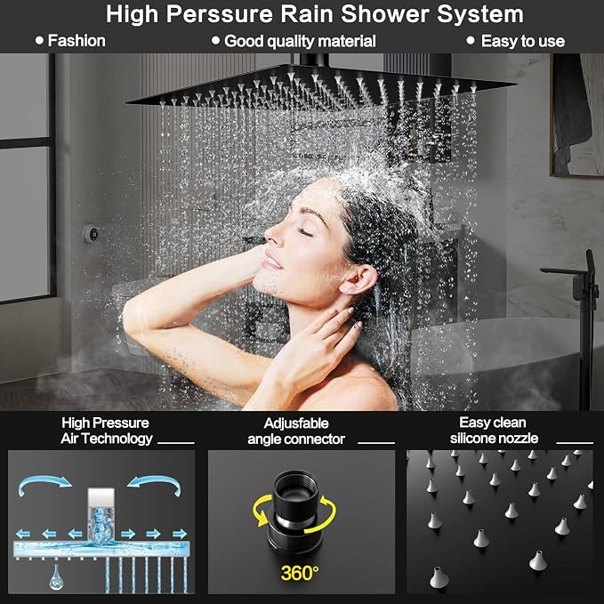 Matt Black Shower System Rain Faucet Set with Tub Spout, 10 inch | All-Metal Wall Mounted Bathroom Shower Faucet Set with Safe Pressure Balance Valve, Water Saving High Pressure Rainfall Head