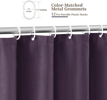 BTTN 72x80 Boho Scalloped Linen Textured Cloth Shower Curtain Set, Purple | Long Size, 230GSM Waterproof Polyester, Heavy Duty Fabric, 12 Plastic Hooks, Elegant Modern Farmhouse Style, Machine Washable