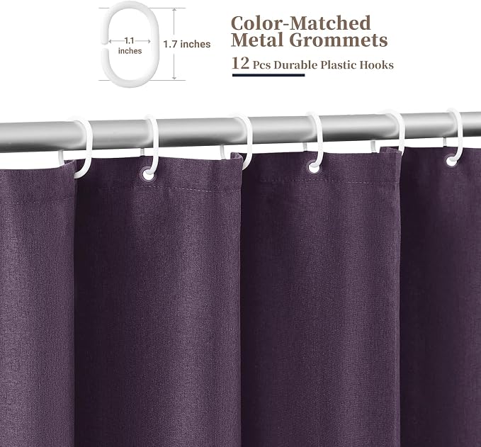 BTTN 72x90 Boho Scalloped Linen Textured Cloth Shower Curtain Set, Purple | Long Size, 230GSM Waterproof Polyester, Heavy Duty Fabric, 12 Plastic Hooks, Elegant Modern Farmhouse Style, Machine Washable