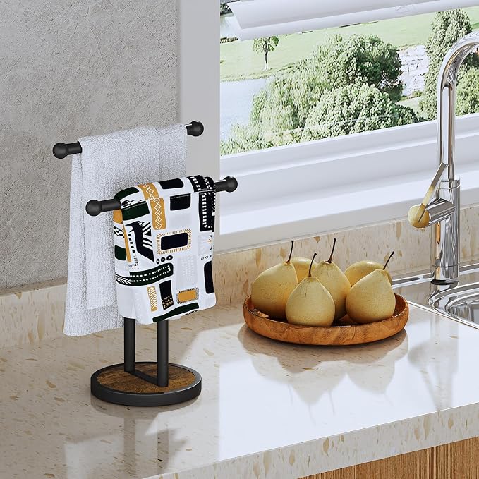 YINMIT Hand Towel Stand with Heavy Wood Base, Free Standing Towel Rack Double T-Shape Hand Towel Holder for Bathroom, Countertop Towel Holder for Bathroom, Kitchen, Countertop Vanity