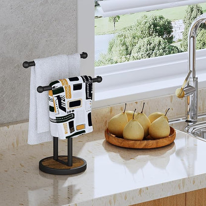 YINMIT Hand Towel Stand with Heavy Wood Base, Free Standing Towel Rack Double T-Shape Hand Towel Holder for Bathroom, Countertop Towel Holder for Bathroom, Kitchen, Countertop Vanity