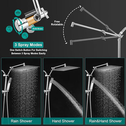All Metal 12 Inch Rain Shower Head with Handheld Spray Combo, High Pressure Waterfall Rainfall Square Shower Heads with 16" Adjustable Extension Arm, Dual Showerhead with 3-Way Diverter, Chrome