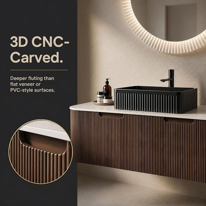 48 Inch Bathroom Vanity with Sink, Floating Wall Mounted Single Sink Vanity, Dark Walnut Curved Fluted Front, Stone Top, Black Textured Rectangular Vessel Basin, Pre-Assembled