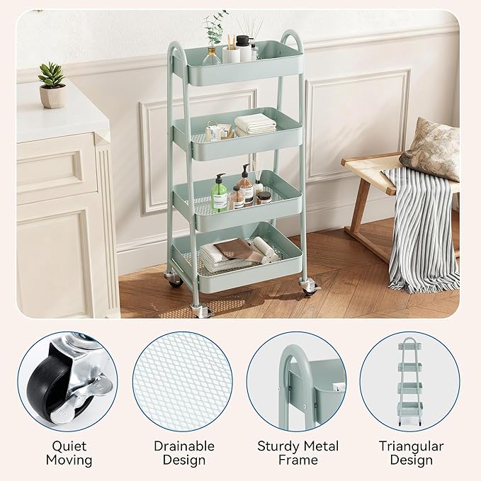 OLIXIS Metal 4 Tiers Utility Rolling Cart, Mobile Storage Shelf with Lockable Caster Wheels, Organization for Livingroom, Bathroom, Kitchen, & Narrow Places, 4-Tier Green