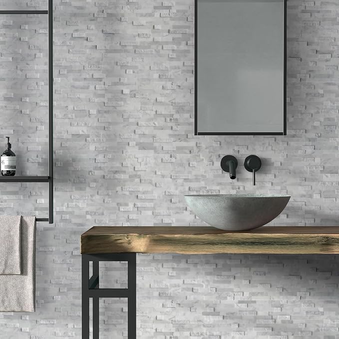 SUNWINGS 5-Sheet Peel and Stick Mosaic Natural 3D Stone Self Adhesive Marble Tiles, 11.5" x 10.7" Stick on Backsplash for Kitchen Bathroom Fireplace Vanity, Mixed Gray