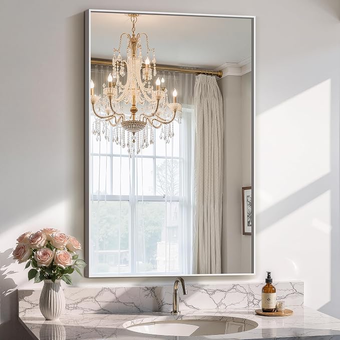 Bathroom Vanity Mirror for Wall, 24"x36" Bathroom Mirror for Over Sink | HD Shatterproof Glass, Rectangular Metal Frame, Horizontally or Vertically, Mirror for Bathroom, Living Room, Entryway,Silver