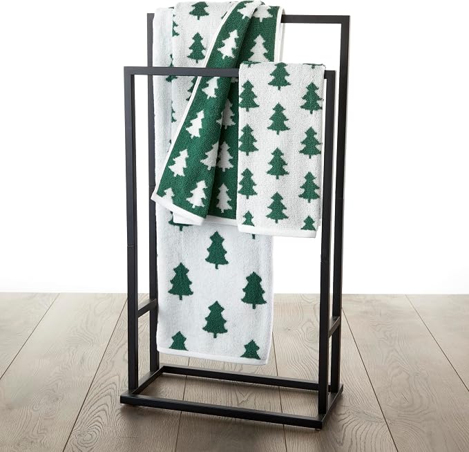 SKL Home Christmas/Winter Holiday Trees Hand Towel Set-2pc, Green/White | 100% Cotton. 500 GSM. Soft & absorbent. Reversible jacquard pattern. Great for the bathroom, kitchen or bar & gifting.