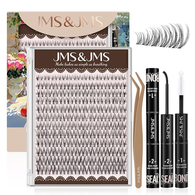 JMS&JMS Natural Lash Clusters Kit Wispy Lash Extension Kit | Clear Band Eyelash Clusters 8-16mix C Curl with Bond and Seal and Tweezers for Daily Exquisite