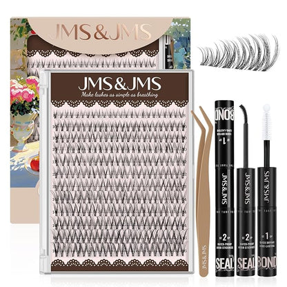 JMS&JMS Natural Lash Clusters Kit Wispy Lash Extension Kit | Clear Band Eyelash Clusters 8-16mix C Curl with Bond and Seal and Tweezers for Daily Exquisite