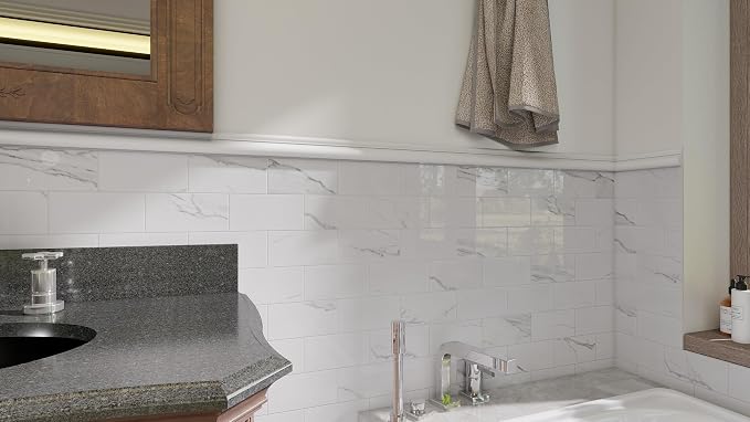 Luxury 10-Sheet Peel and Stick Backsplash,Self Adhesive Faux Stone 12”x12” White Subway Tile for Kitchen,Glossy Waterproof Carrara Brick Marble Look,Stick on Accent Wall for Bathroom,Bedroom