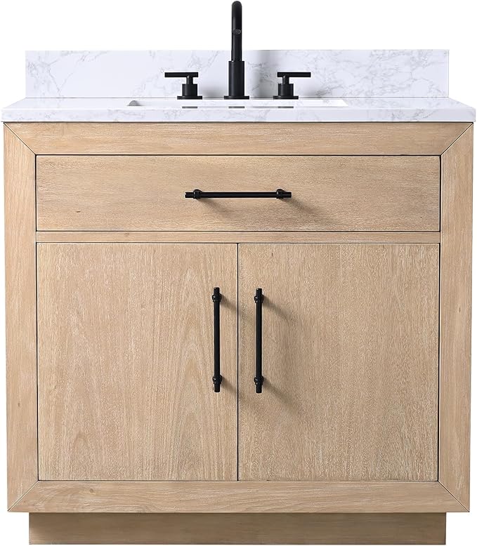 HOMEBEYOND 36 Inch Bathroom Vanity with Single Sink & Ceramic Top, MDF Material Vanity Cabinet with Basin Combo, Soft-Closing Doors, Removable Shelf, Backsplash
