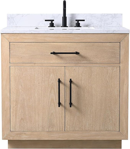 HOMEBEYOND 36 Inch Bathroom Vanity with Single Sink & Ceramic Top, MDF Material Vanity Cabinet with Basin Combo, Soft-Closing Doors, Removable Shelf, Backsplash