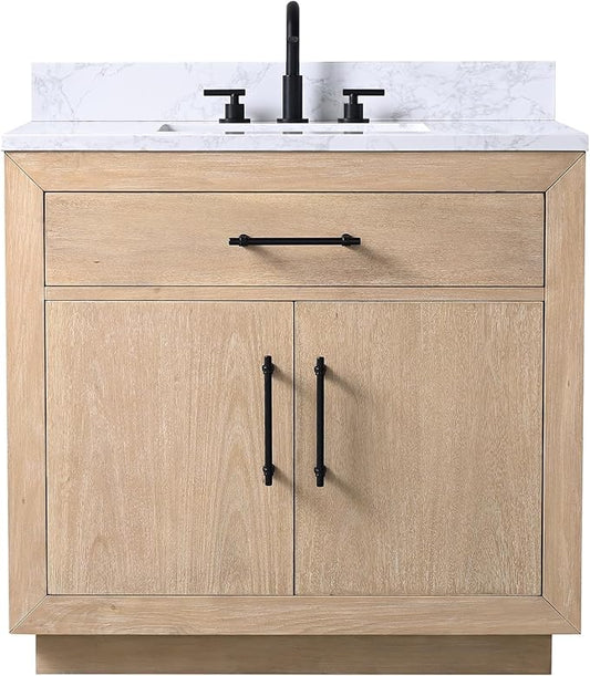 HOMEBEYOND 36 Inch Bathroom Vanity with Single Sink & Ceramic Top, MDF Material Vanity Cabinet with Basin Combo, Soft-Closing Doors, Removable Shelf, Backsplash