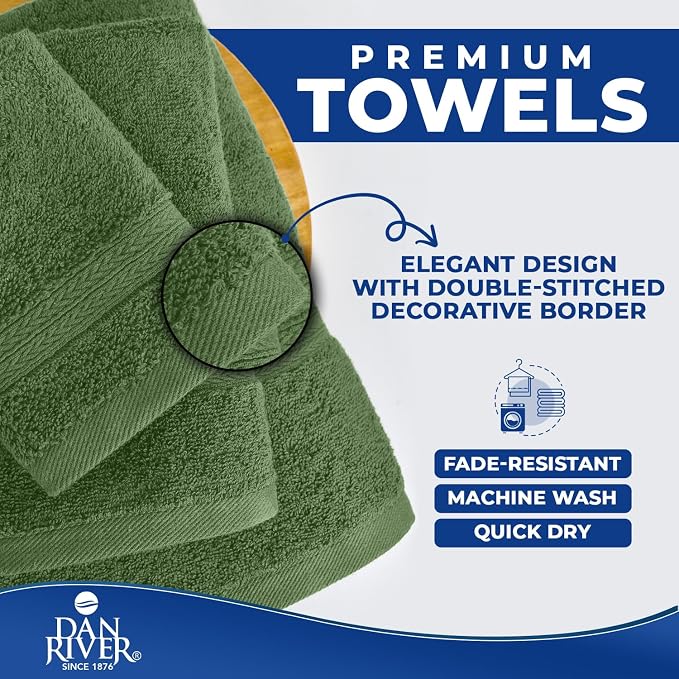 DAN RIVER 8 Piece Luxury Bath Towels for Bathroom, Towel Set, Sage Green | 2 Bath towels, 2 Hand towels, and 4 Wash Cloths, 600 GSM 100% Ring Spun Cotton, Highly Absorbent, Gym, Hotel, guest, and Spa